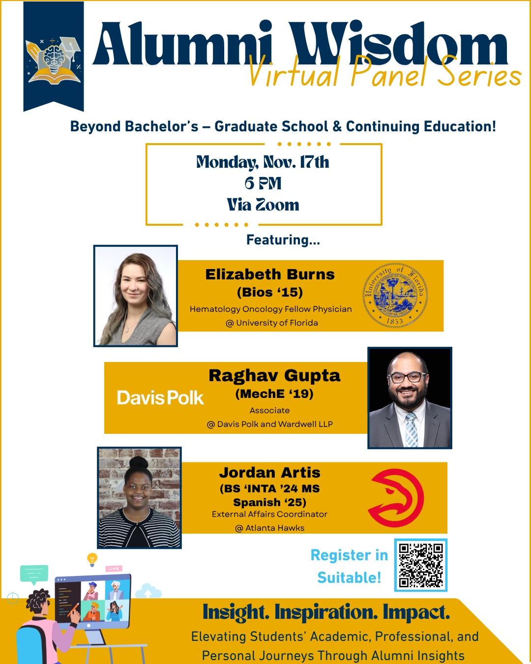 Flyer for the 11/17 Alumni Wisdom panel series