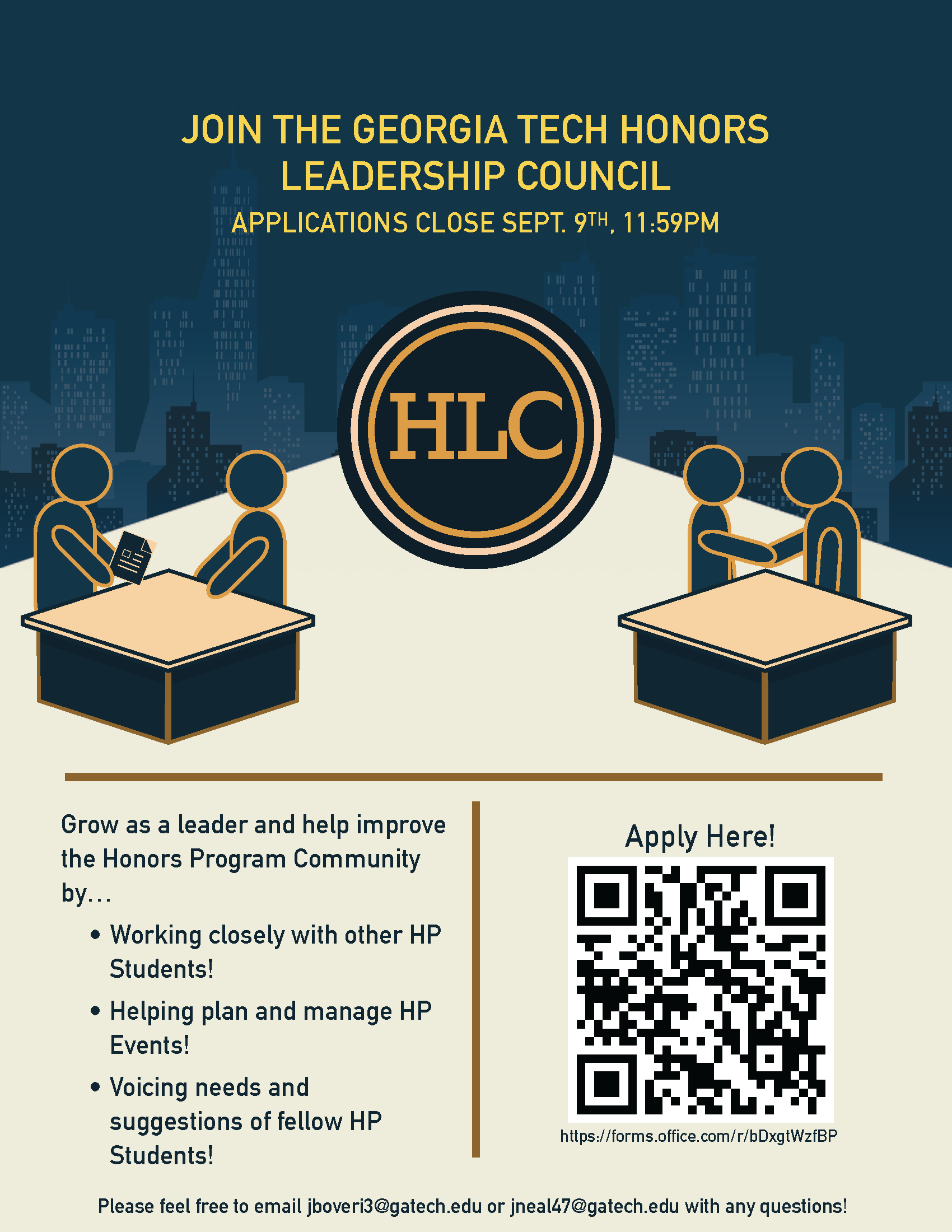 A flyer to apply to be a member of the Honors Leadership Council by September 9th, 2024.&nbsp;